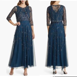 Pisarro Nights Beaded Mesh Gown with Jacket Sapphire Blue